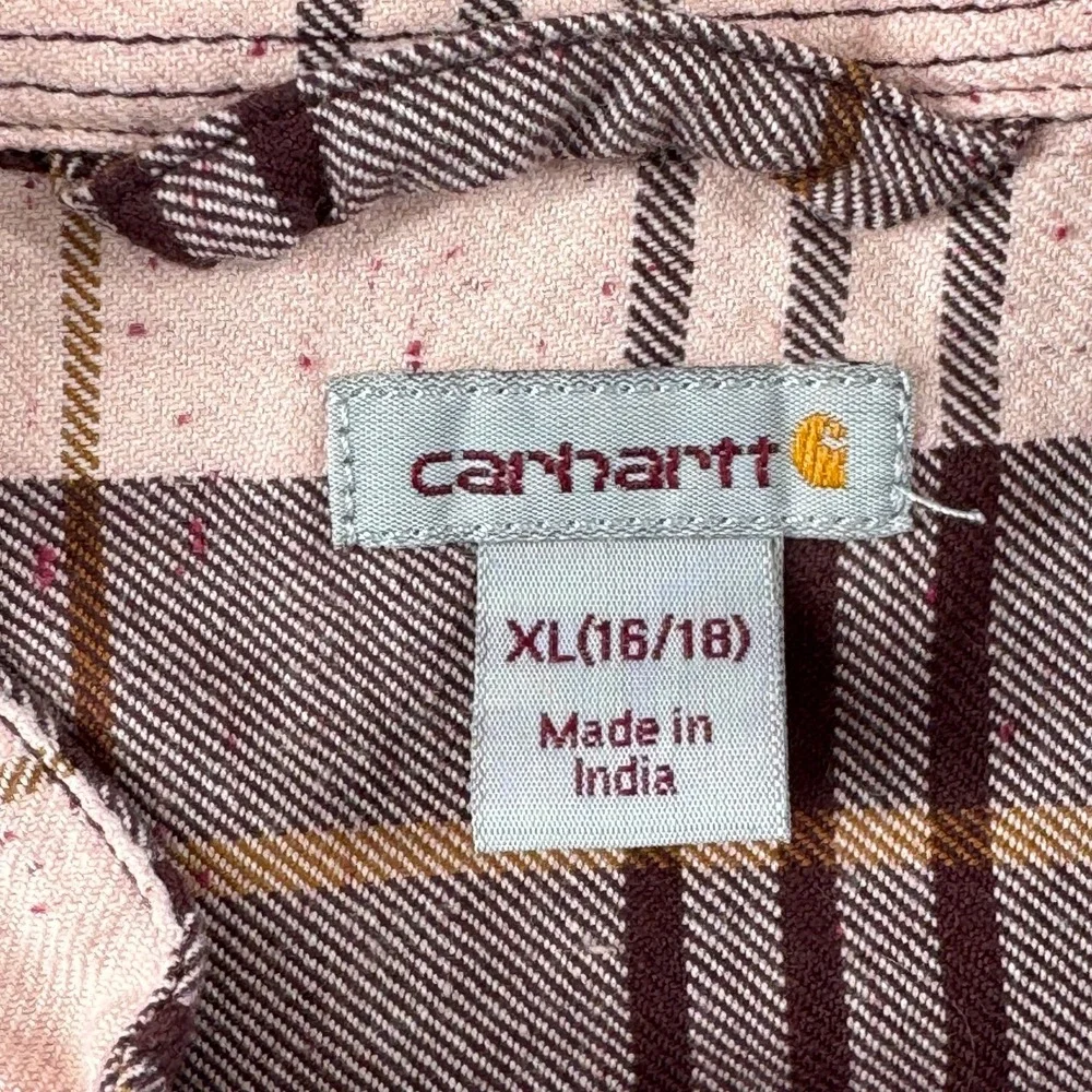 Carhartt‎ Womens XL Flannel Shirt Pink Plaid Band Collar Button Up Top